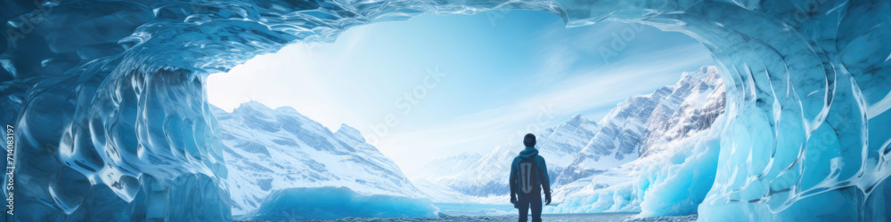 Traveler looking at view and stand in front of An enchanting ice cave,  with surreal formations and an icy-blue hue