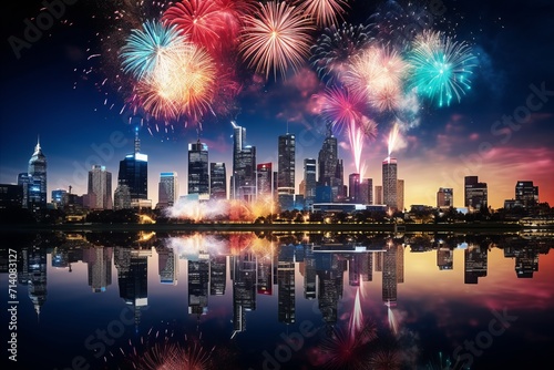 Stunning Aerial View of Vibrant City Skyline Illuminated by Dazzling Fireworks at Night.