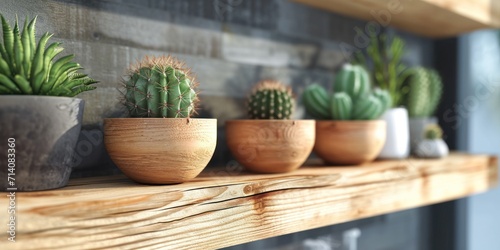 Fototapeta wooden wooden pots with cactuses hanging on wooden ledge