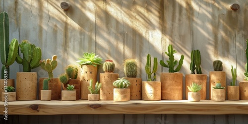 Obraz na płótnie wooden wooden pots with cactuses hanging on wooden ledge