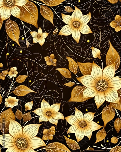 Yellow Flowers and Leaves on a Black Background