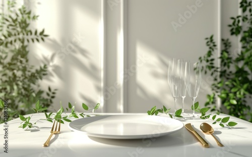 place setting with some green leave branches