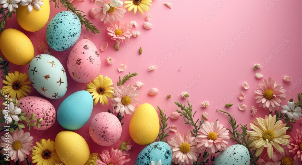 easter eggs arranged around a pink background