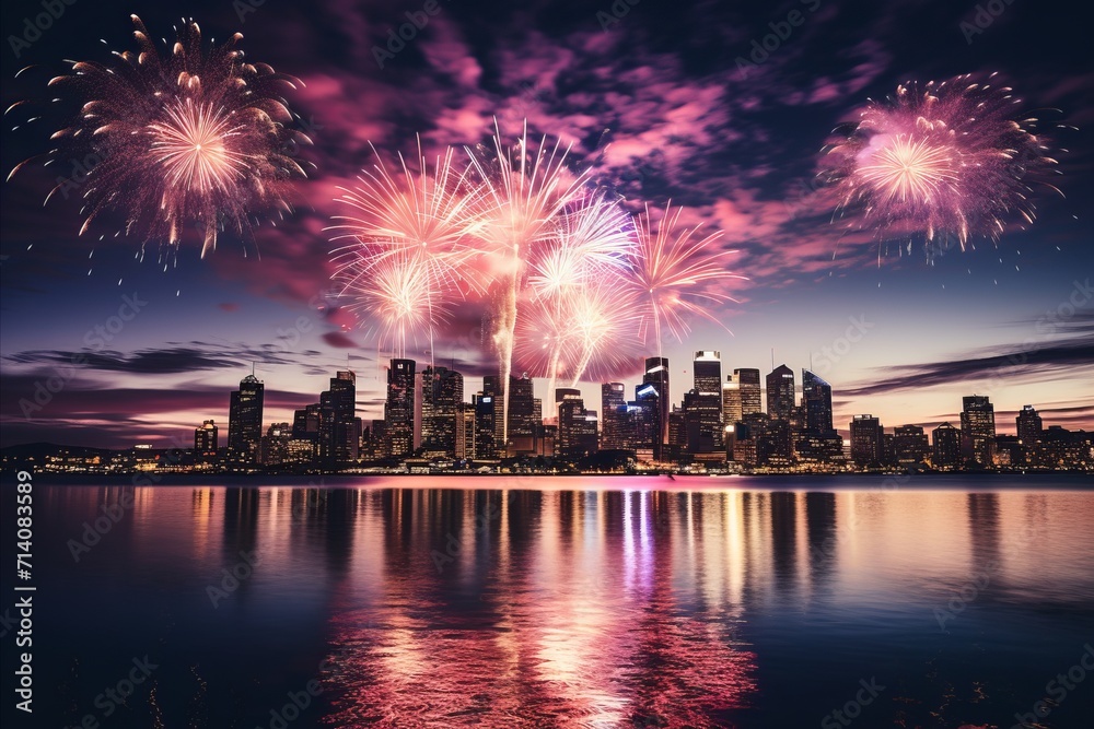 Dynamic Urban Nightscape. Aerial View of Dazzling Fireworks Lighting up Vibrant City Skyline..