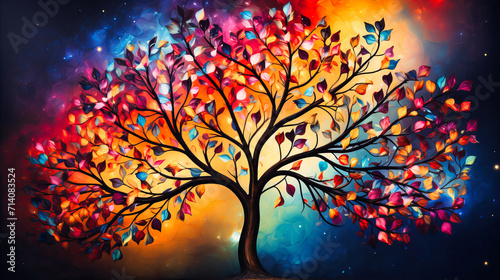 Autumnal tree branches with colorful leaves on a bright blue background. Seasonal nature illustration with a touch of abstraction