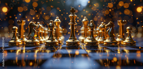 golden chess pieces on a black tiled photo