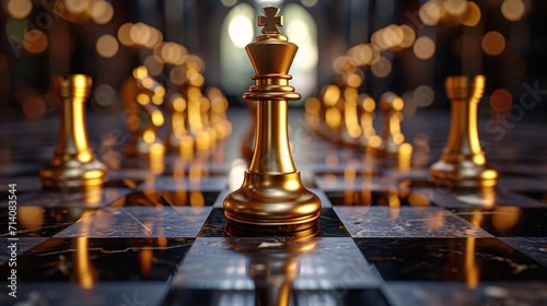 golden chess pieces on a black tiled