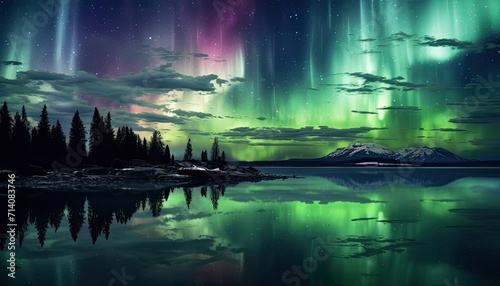 View of night sky with multicolored aurora borealis and snowy mountains peak background. Night glows in vibrant aurora reflection on the lake with forest. 