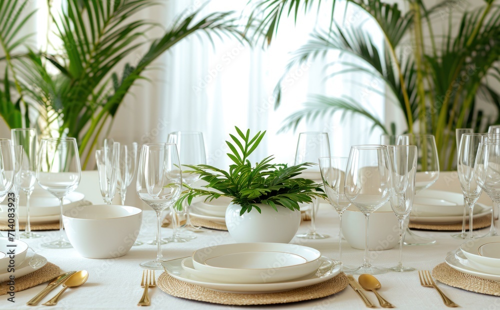 white table setting with green plant leaves white table setting with green plant leaves