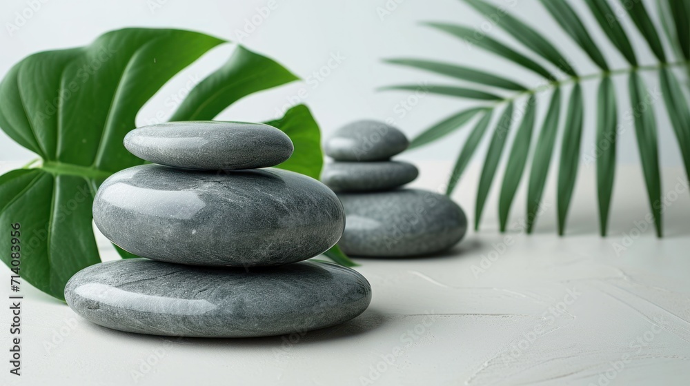relax with stones on white background with tropical leaf relax with stones on white background with tropical leaf
