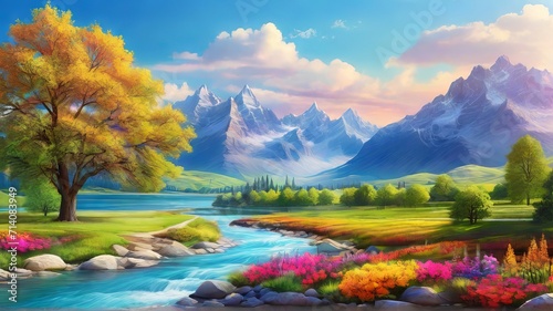 A painting of lake with a mountain landscape scene background, Generative Ai