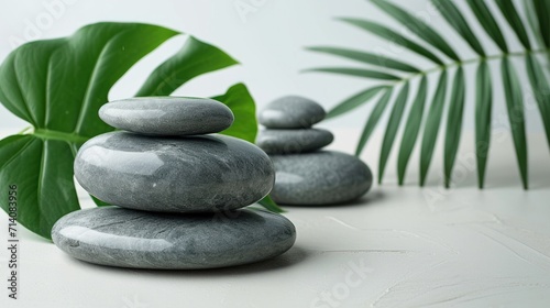 relax with stones on white background with tropical leaf