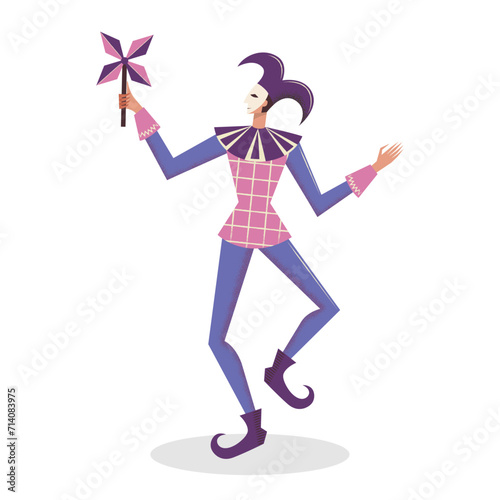 Cheerful harlequin dancing at Venetian carnival. Traditional Venetian masquerade in Italy. Flat vector illustration isolated on white background.