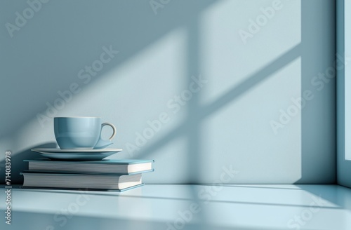two blue book on a cup of coffee on a white desktop