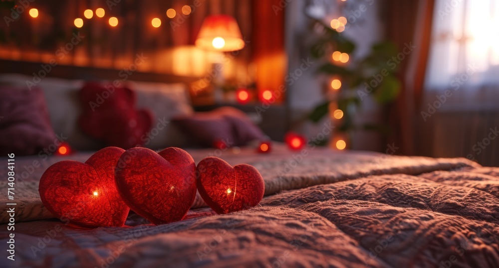 red hearts are shown on an intricately decorated bed with decorations red hearts are shown on an intricately decorated bed with decorations