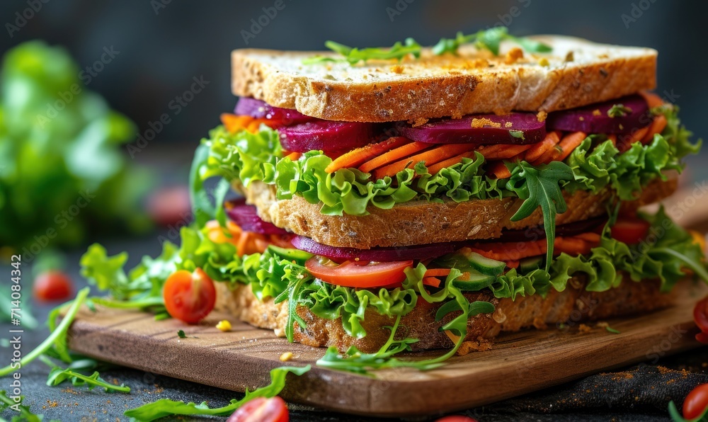 a sandwich is put on a wooden board with beets, green vegetables, lettuce a sandwich is put on a wooden board with beets, green vegetables, lettuce