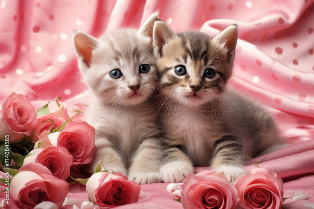 Two Fluffy Grey Cute Kittens Surrounded by Roses, Generative AI