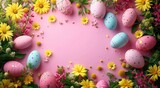 easter eggs arranged around a pink background