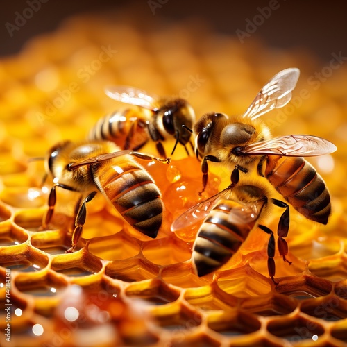 Close-up of honeybees collecting nectar from intricate honeycombs in lush flower garden © Ksenia Belyaeva