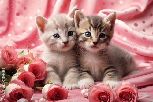 Obraz na płótnie Two Fluffy Grey Cute Kittens Surrounded by Roses, Generative AI
w salonie