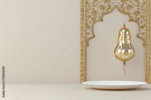 Ramadan Festival Golden Lantern and Empty White Plate on a Decorative Background