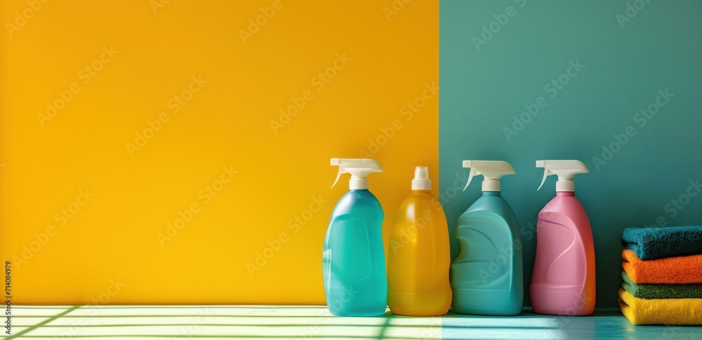 house cleaning supplies by a yellow wall - obrazy, fototapety, plakaty 
