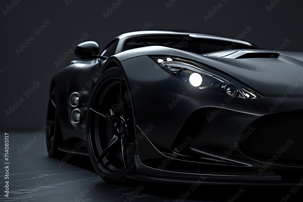 matte black sports car,black background clear headlight,hyperrealistic