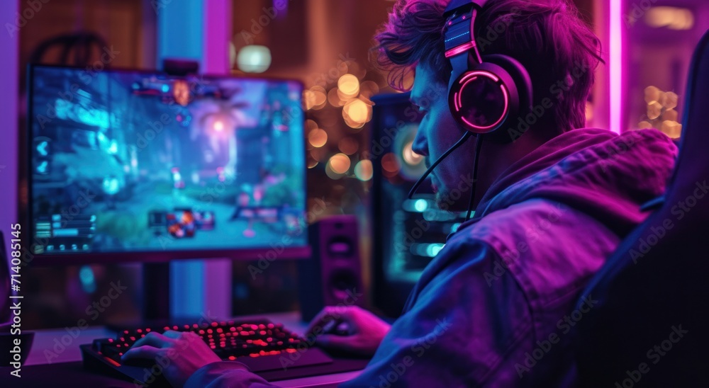 man playing video games in front of computer man playing video games in front of computer