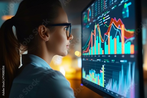 Business Investment planning strategy concept, Businesswomen showing points virtual hologram stock growth graph on a screen and business management market trading for business growth financial succes photo