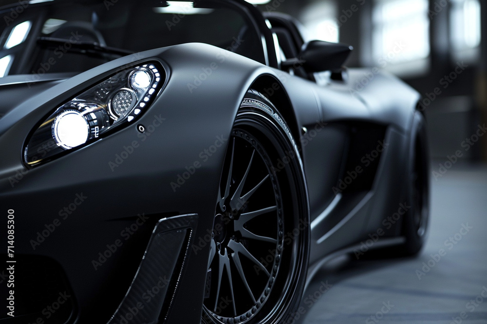 matte black sports car,black background clear headlight,hyperrealistic
