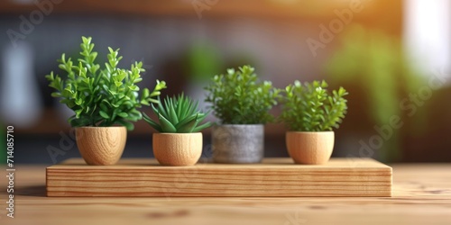 the small wooden plants are on a wooden shelf