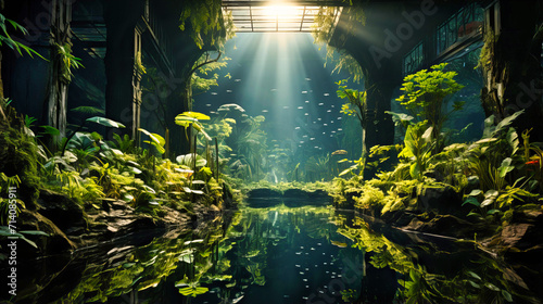 Underwater cave with sunlight filtering through, creating a mesmerizing aquatic environment. A stunning scene for diving and exploration