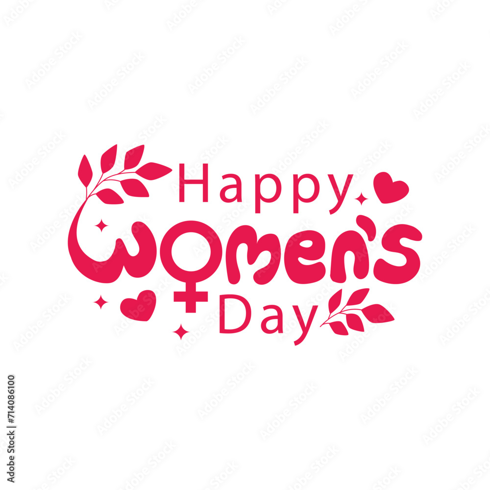 Obraz premium Happy Women's Day hand drawn lettering vector illustration with floral and heart icons. Women's Day script calligraphy for postcard, poster, banner design element. 8 March template design.