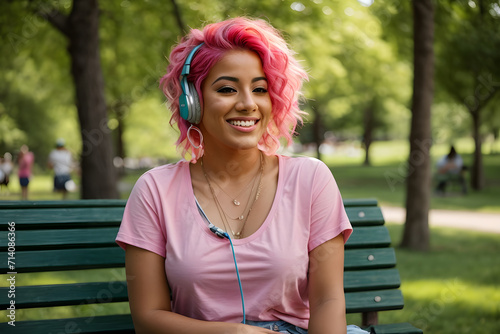 Beautiful Hispanic woman with pink hair sits in the park and listens to music on headphones