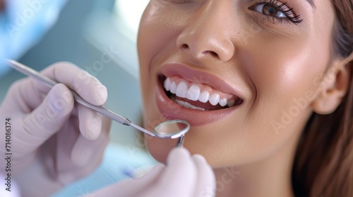 Close-up of professional dental check-up with patient smiling and dentist's mirror in view. Dental care concept showing patient's perfect white teeth and highlighting oral hygiene