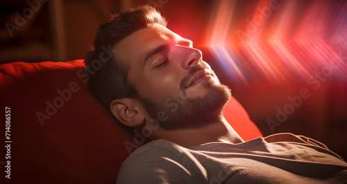 Young man lying on therapy couch with eyes closed enjoying red light therapy healing session