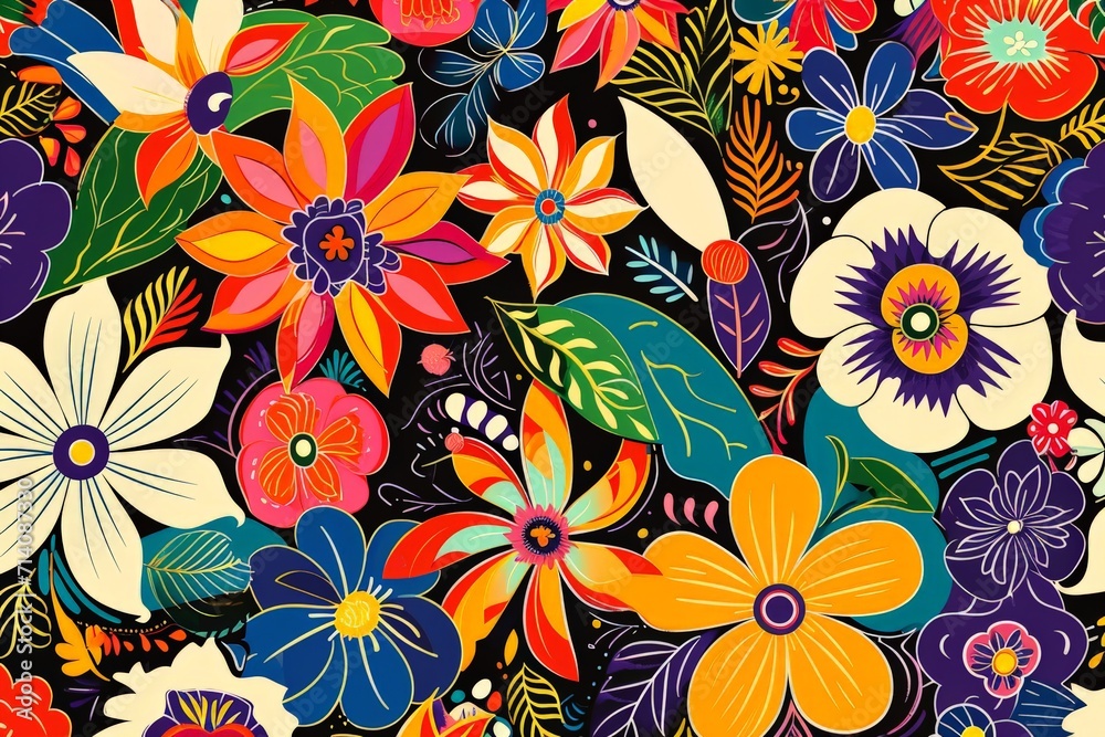 Colorful Flower Pattern on Black Background Colorful Flower Pattern on Black Background