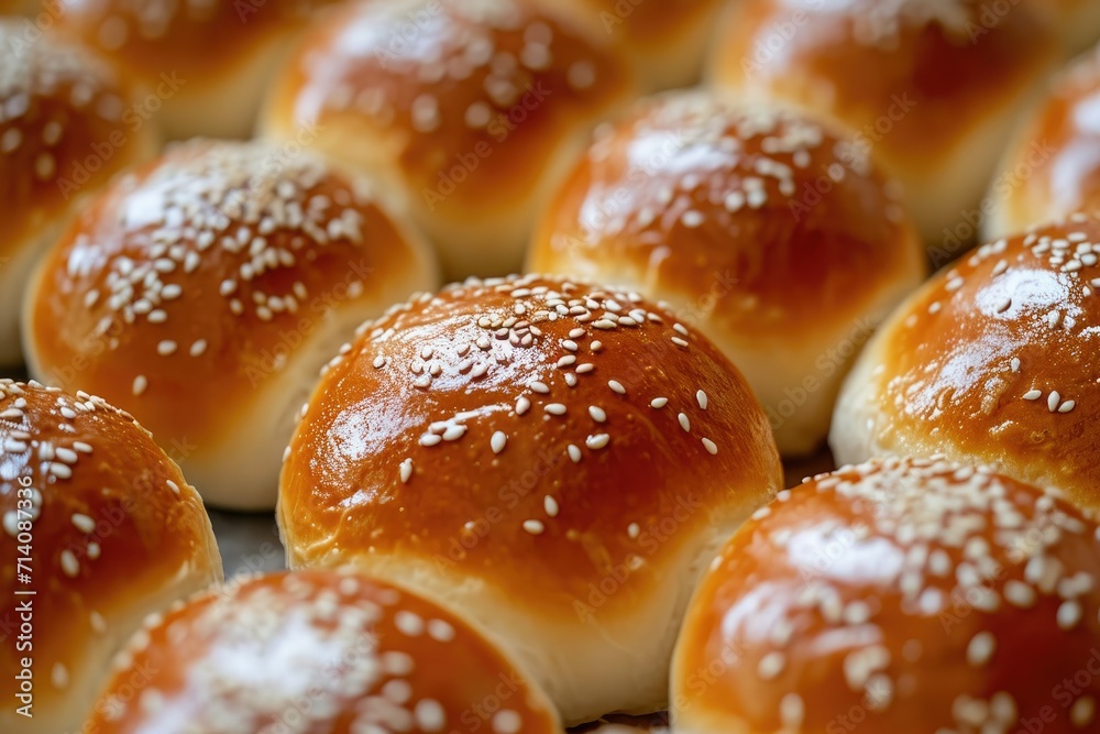Freshly baked, fluffy, and warm sweet buns with a soft texture. Round buns topped with glossy sesame seeds. Delicious and appetizing bakery treat Freshly baked, fluffy, and warm sweet buns with a soft texture. Round buns topped with glossy sesame seeds. Delicious and appetizing bakery treat