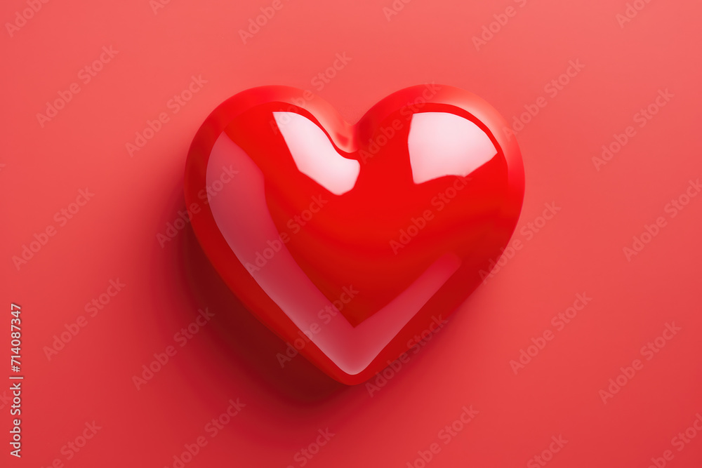 Shiny 3D Red Heart on Red Background, Generative AI
