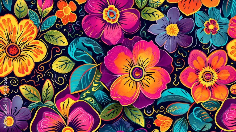 Colorful Flowers Painting on Black Background Colorful Flowers Painting on Black Background