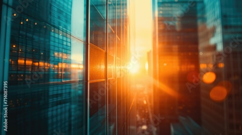 Contemporary cityscape at sunset with vibrant colors, sharp focus, and dramatic lens flares. Glass buildings and skyscrapers create a modern urban skyline in the evening twilight