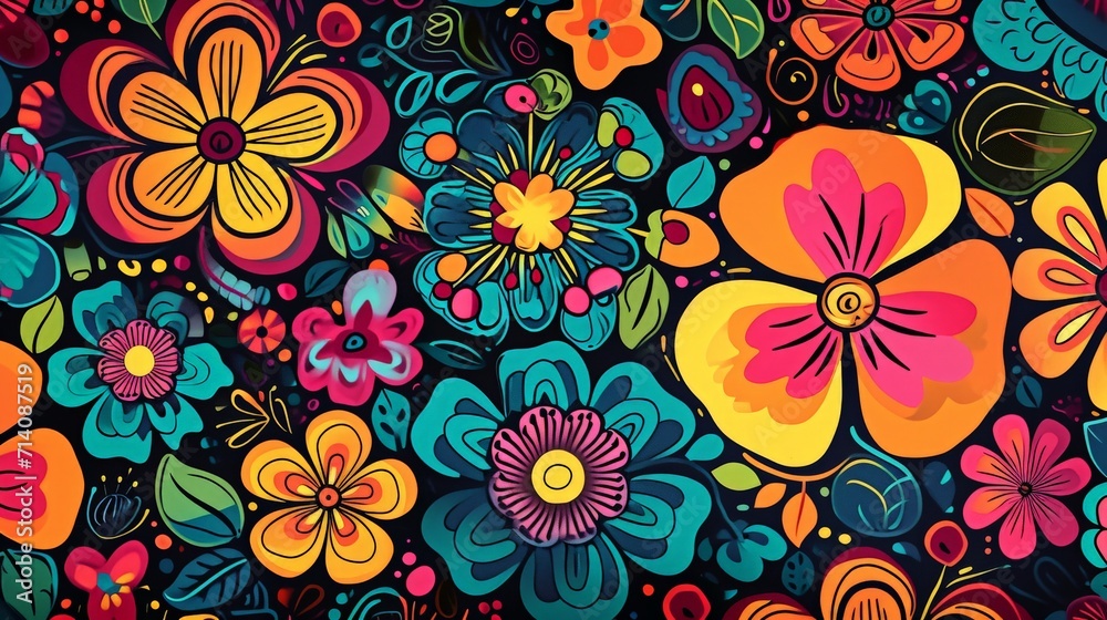 Colorful Flowers Painting on Black Background