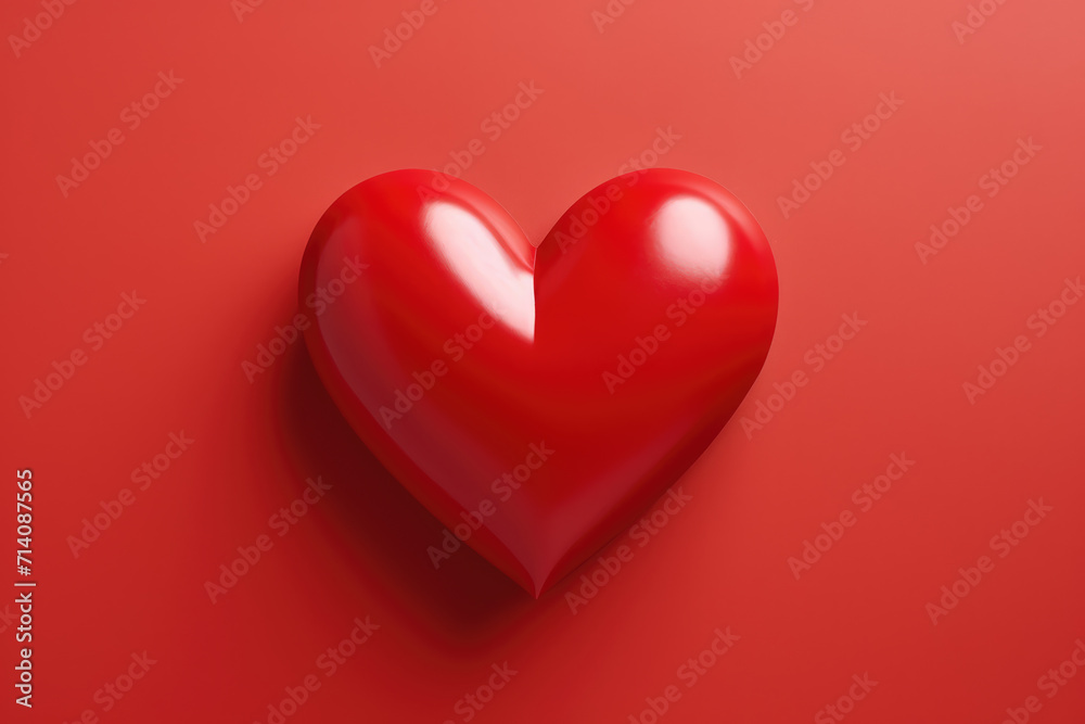 Shiny 3D Red Heart on Red Background, Generative AI