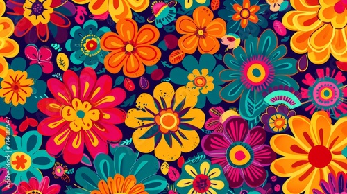Colorful Flowers on Blue Background