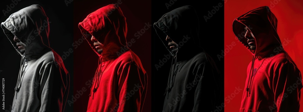 4 shots of A Confident man in black hoodie with hidden face showcasing urban fashion. Hyper-realistic background enhances mystery