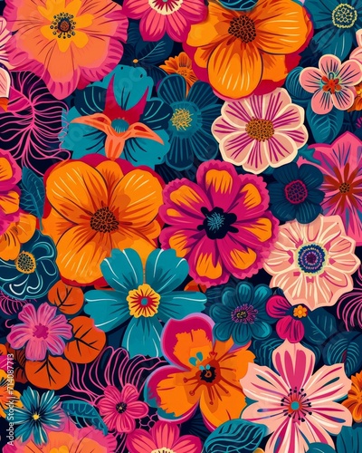 Colorful Flowers Blooming on Blue Background