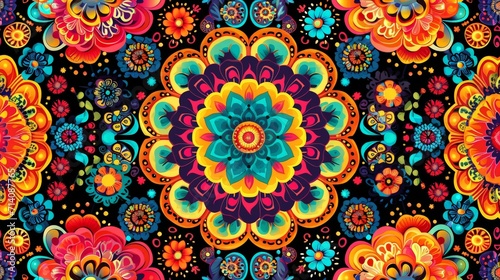 Colorful Flower Design on Black Background