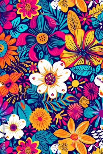 Colorful Flower Pattern on Blue Background