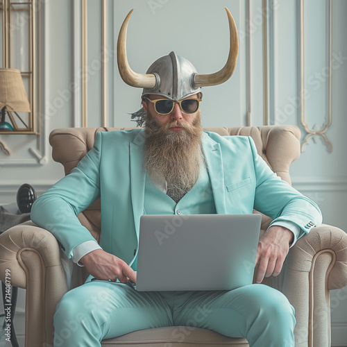 Viking as a businessman in a suit of pastel colors, office, laptop, juxtaposition