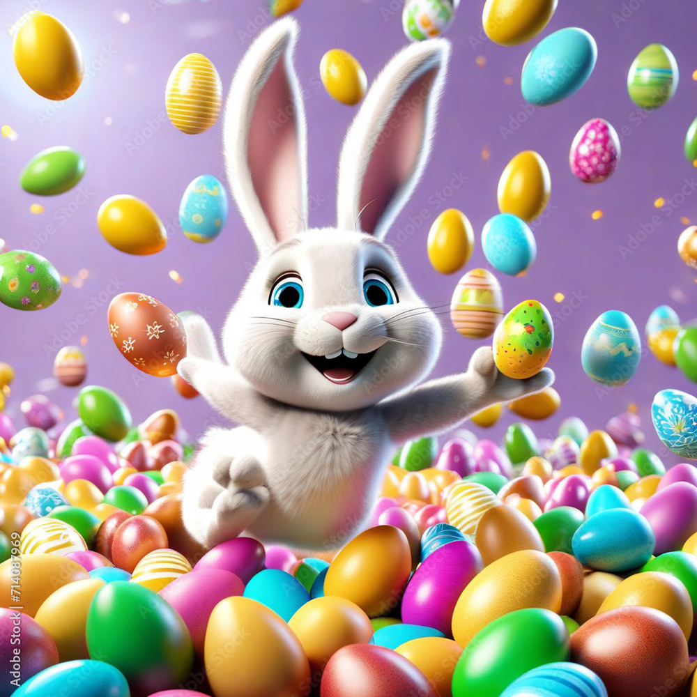 happy Easter bunny jumping with joy with many Easter eggs happy Easter bunny jumping with joy with many Easter eggs
